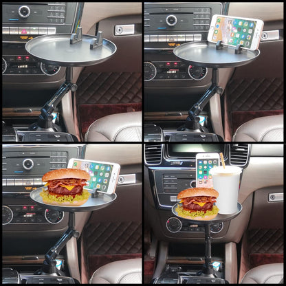 Cup Holder Tray for Car with Phone Mount – Expandable Base, 360° Rotation Food & Drink Tray with Non-Slip Surface, Adjustable Arm for Eating in Vehicle – Fits Most Standard Car Cup Holders