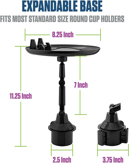 Cup Holder Tray for Car with Phone Mount – Expandable Base, 360° Rotation Food & Drink Tray with Non-Slip Surface, Adjustable Arm for Eating in Vehicle – Fits Most Standard Car Cup Holders