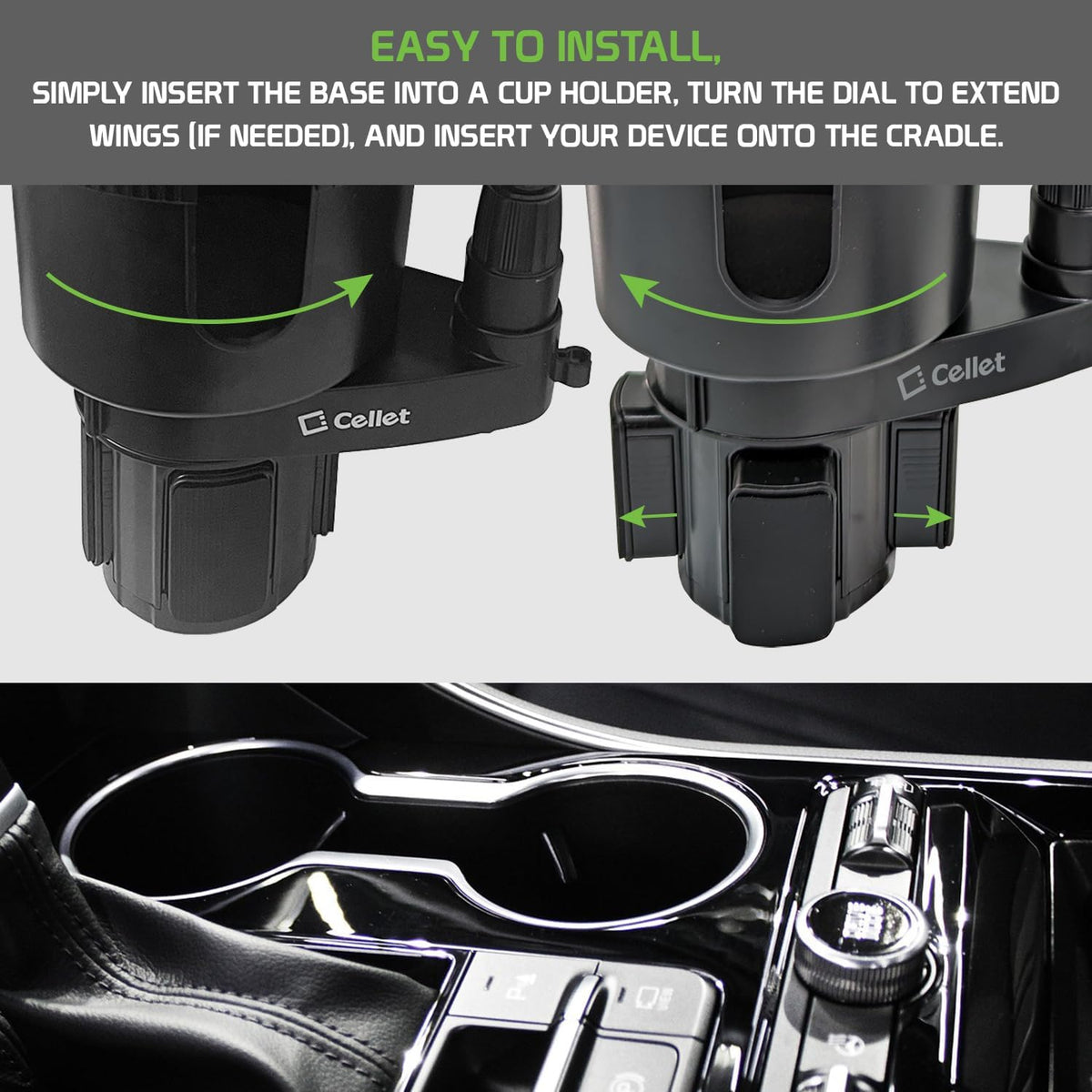 Cup Holder Tray for Car with Phone Mount – Expandable Base, 360° Rotation Food & Drink Tray with Non-Slip Surface, Adjustable Arm for Eating in Vehicle – Fits Most Standard Car Cup Holders