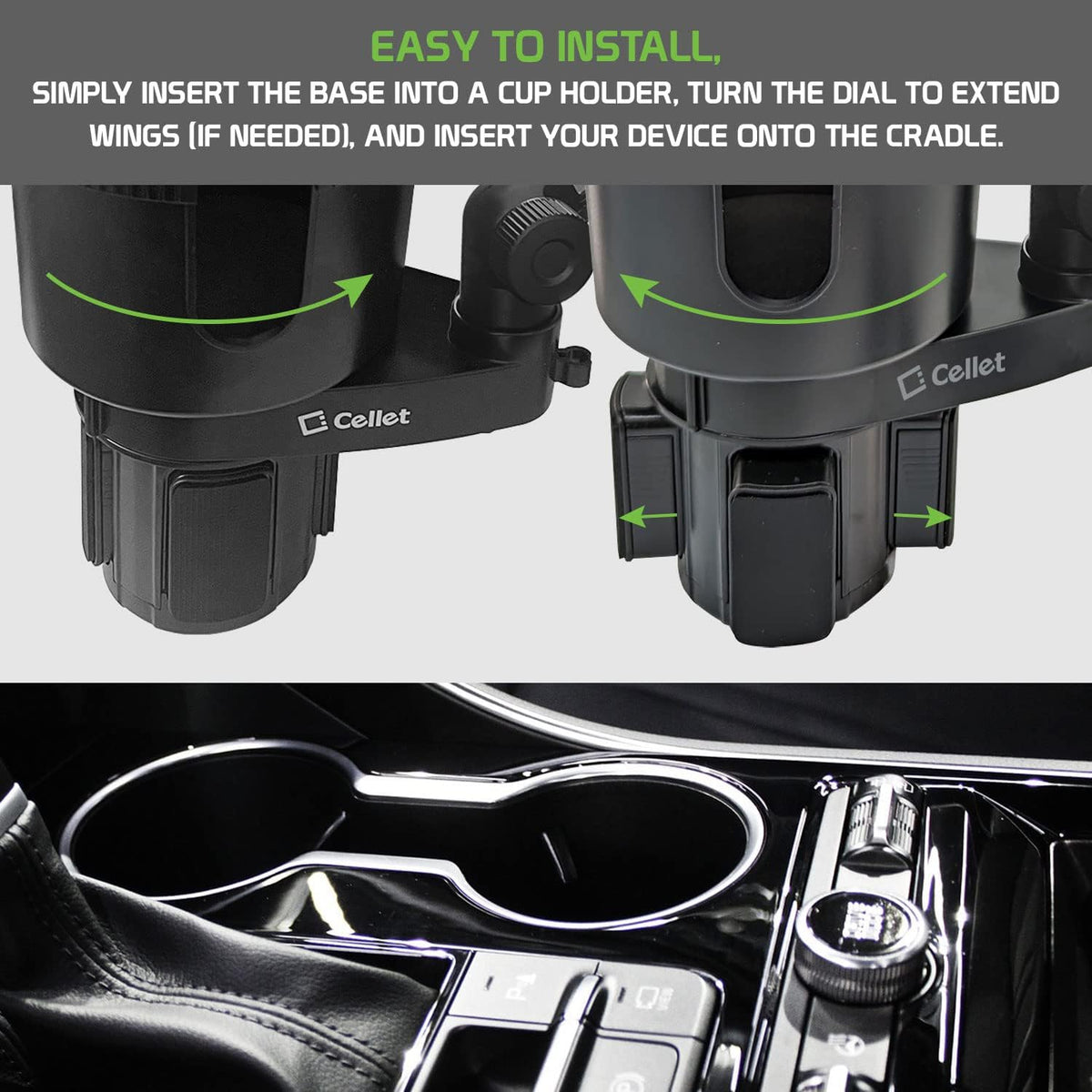 Cup Holder Tray for Car with Phone Mount – Expandable Base, 360° Rotation Food & Drink Tray with Non-Slip Surface, Adjustable Arm for Eating in Vehicle – Fits Most Standard Car Cup Holders