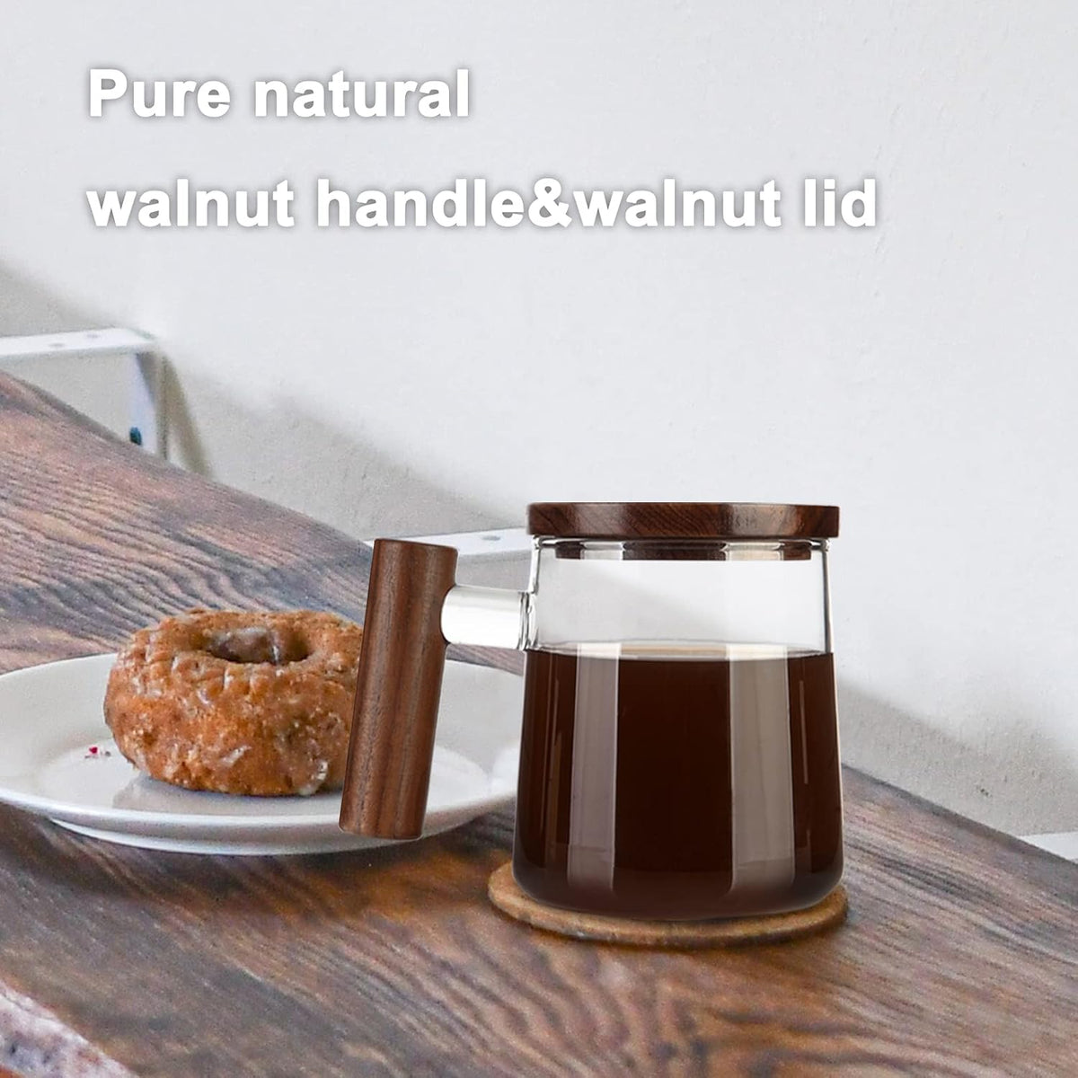 Glass Coffee Mugs, Clear Coffee Mugs with Walnut Lid&Handle，Wide Mouth Extra Large Capacity Cup, Perfect for Latte, Mocha, Cappuccino, Tea and Juice, Microwave Safe(2PCS,15oz/450ml)