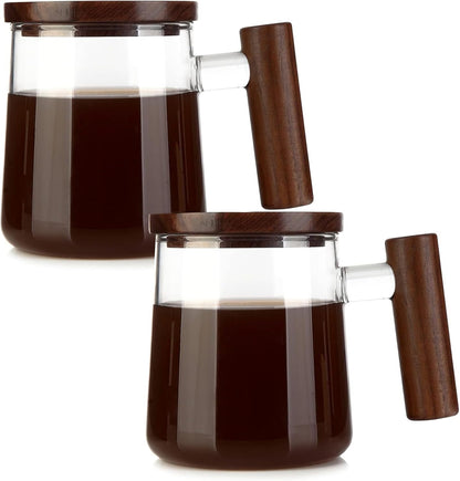 Glass Coffee Mugs, Clear Coffee Mugs with Walnut Lid&Handle，Wide Mouth Extra Large Capacity Cup, Perfect for Latte, Mocha, Cappuccino, Tea and Juice, Microwave Safe(2PCS,15oz/450ml)