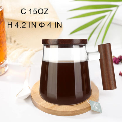 Glass Coffee Mugs, Clear Coffee Mugs with Walnut Lid&Handle，Wide Mouth Extra Large Capacity Cup, Perfect for Latte, Mocha, Cappuccino, Tea and Juice, Microwave Safe(2PCS,15oz/450ml)