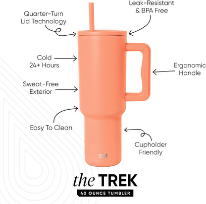 40 oz Trek Tumbler with Handle and Straw Lid | Cup Holder Friendly Insulated Stainless Steel Travel Mug | Slumberland | Trek Tumbler, Travel Mug | Insulated Water Bottle, Cupholder Friendly, Stainless Steel Cup | Slumberland - Colors C