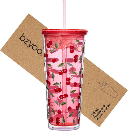 24oz Plastic Tumbler Cup, Lid & Straw, Iced Coffee, Purple Butterfly