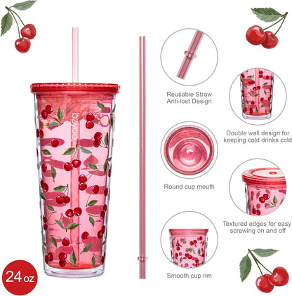 24oz Plastic Tumbler Cup, Lid & Straw, Iced Coffee, Purple Butterfly