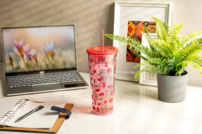 24oz Plastic Tumbler Cup, Lid & Straw, Iced Coffee, Purple Butterfly