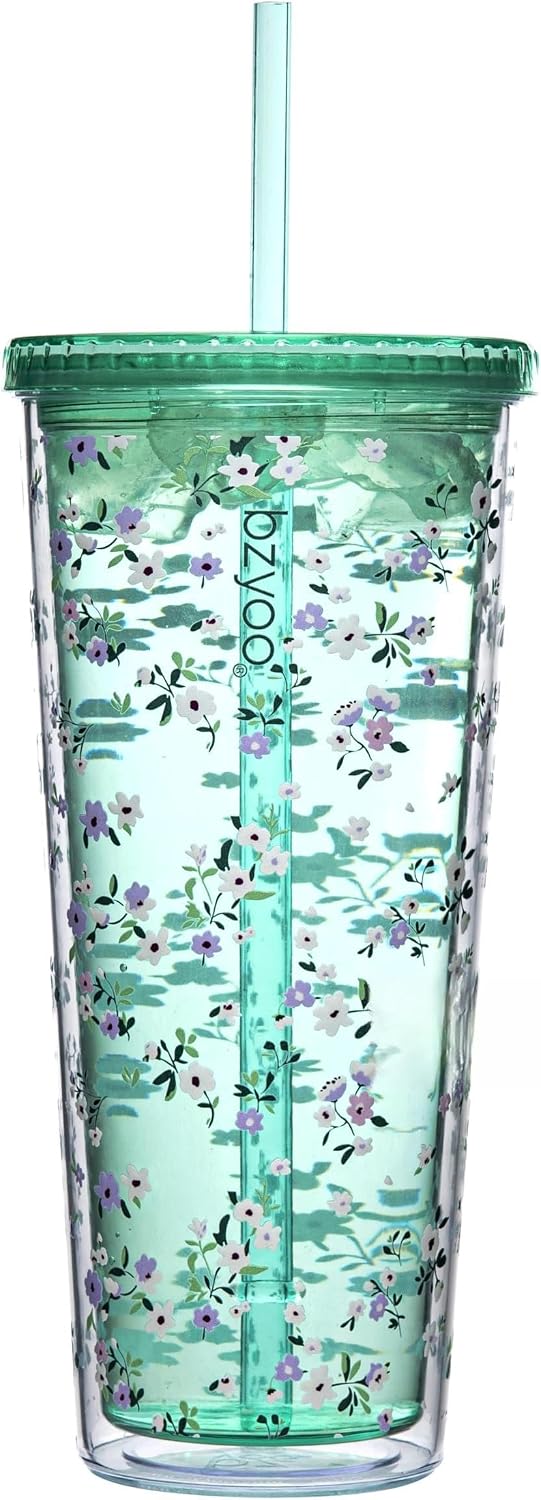 24oz Plastic Tumbler Cup, Lid & Straw, Iced Coffee, Purple Butterfly