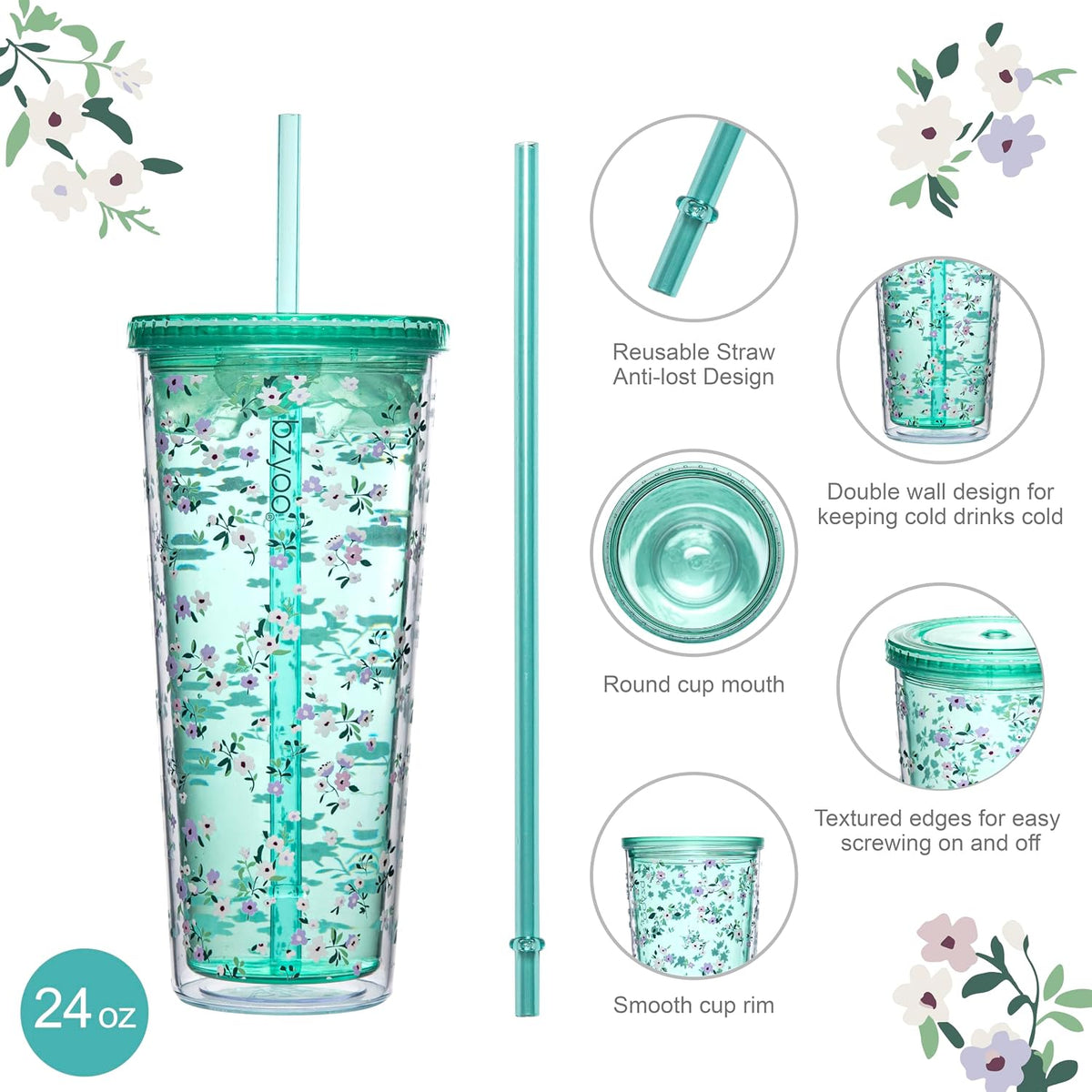 24oz Plastic Tumbler Cup, Lid & Straw, Iced Coffee, Purple Butterfly
