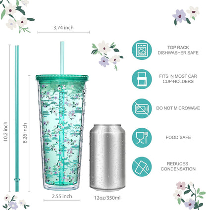 24oz Plastic Tumbler Cup, Lid & Straw, Iced Coffee, Purple Butterfly