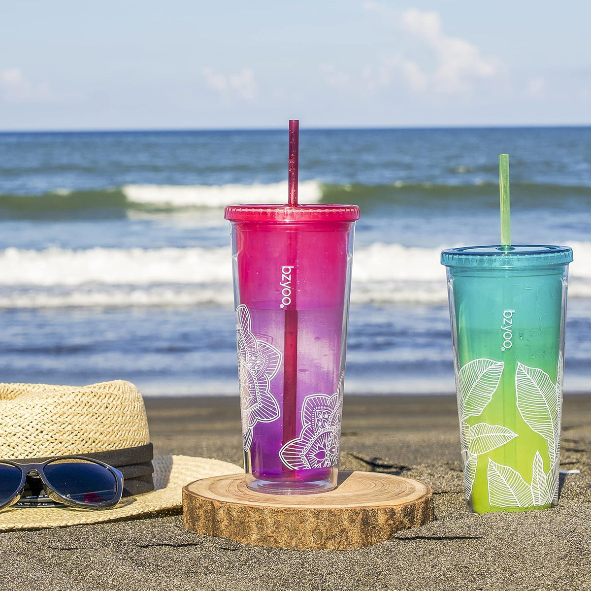 24oz Plastic Tumbler Cup, Lid & Straw, Iced Coffee, Purple Butterfly