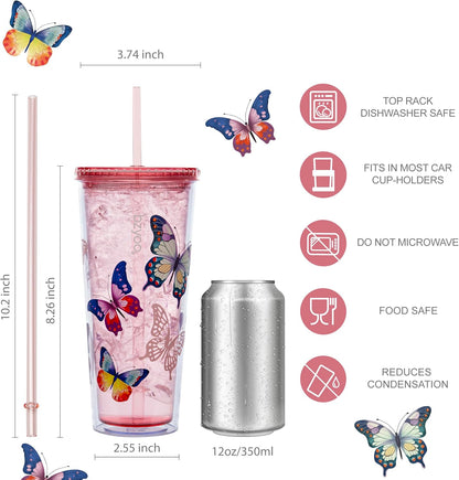24oz Plastic Tumbler Cup, Lid & Straw, Iced Coffee, Purple Butterfly