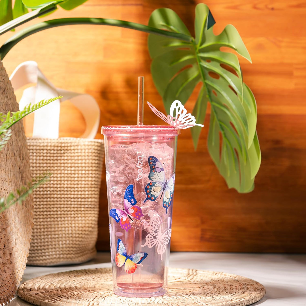 24oz Plastic Tumbler Cup, Lid & Straw, Iced Coffee, Purple Butterfly