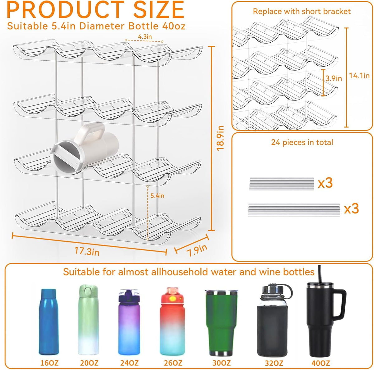 3 Tier Stackable Water Bottle Organizer for Cabinets 40 oz Stanley Cup,Yeti and Other Tumbler Organizer,Larger Compartment Stanley Cup Holder,Waterbottle Storage and Wine Rack for Fridge