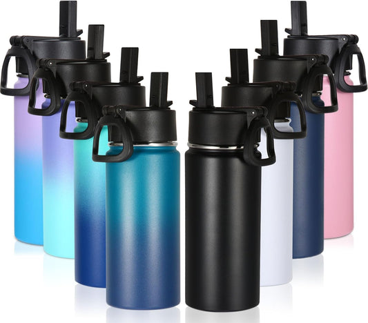 Volhoply 16 OZ Kids Water Bottle Bulk,Insulated Sports Bottles with Straw Lid,Stainless Steel Bottle with Handle Keep Cold & Hot,Double Wall Vacuum Tumbler Cups for School(Eight Color, 8)