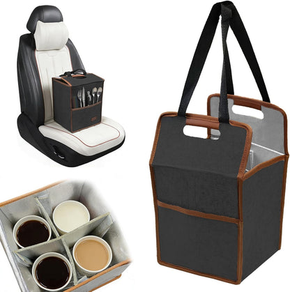 4 Cup Reusable Drink Carrier Portable Insulated Coffee Bags with Handle | Leak-Proof Drink Bags for Car Cup Holder with Fixed Dividers, Easy to Clean&Foldable for Food Delivery, Travel, Picnic Party