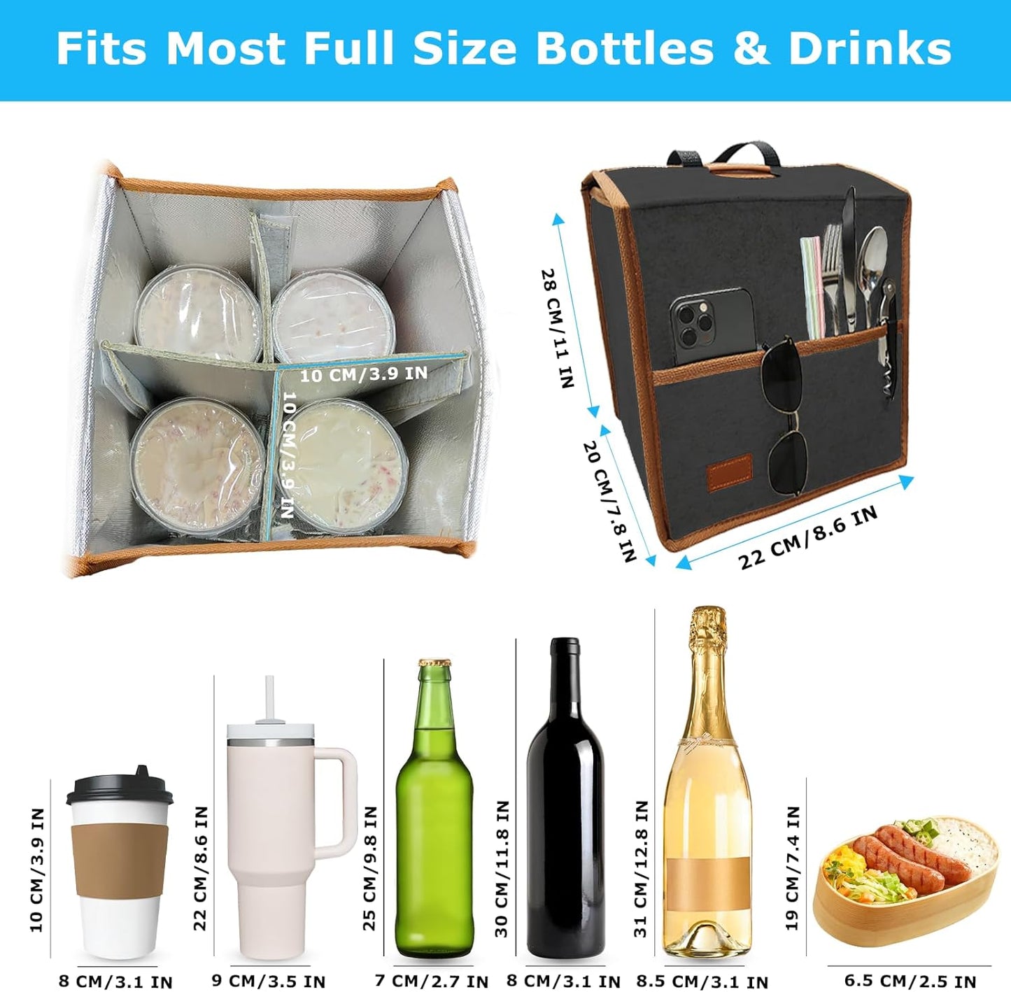 4 Cup Reusable Drink Carrier Portable Insulated Coffee Bags with Handle | Leak-Proof Drink Bags for Car Cup Holder with Fixed Dividers, Easy to Clean&Foldable for Food Delivery, Travel, Picnic Party