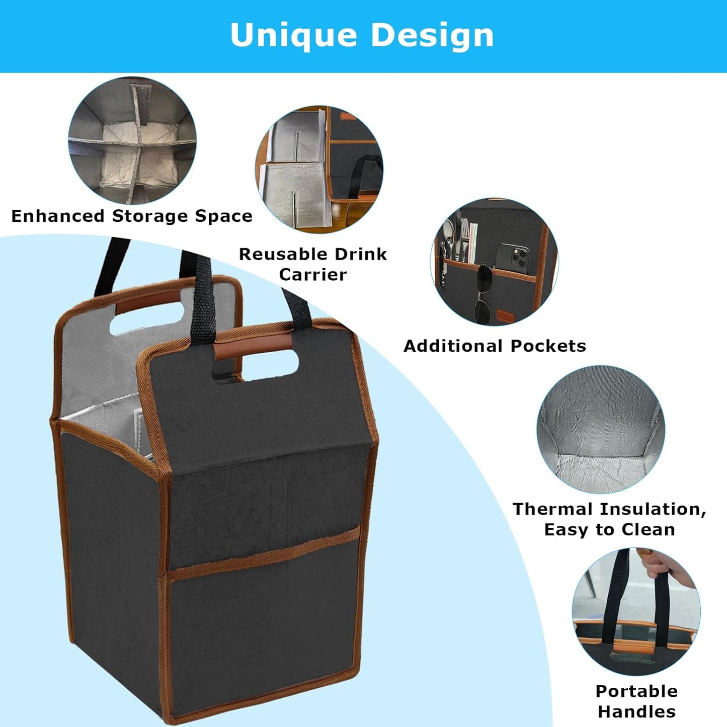 4 Cup Reusable Drink Carrier Portable Insulated Coffee Bags with Handle | Leak-Proof Drink Bags for Car Cup Holder with Fixed Dividers, Easy to Clean&Foldable for Food Delivery, Travel, Picnic Party