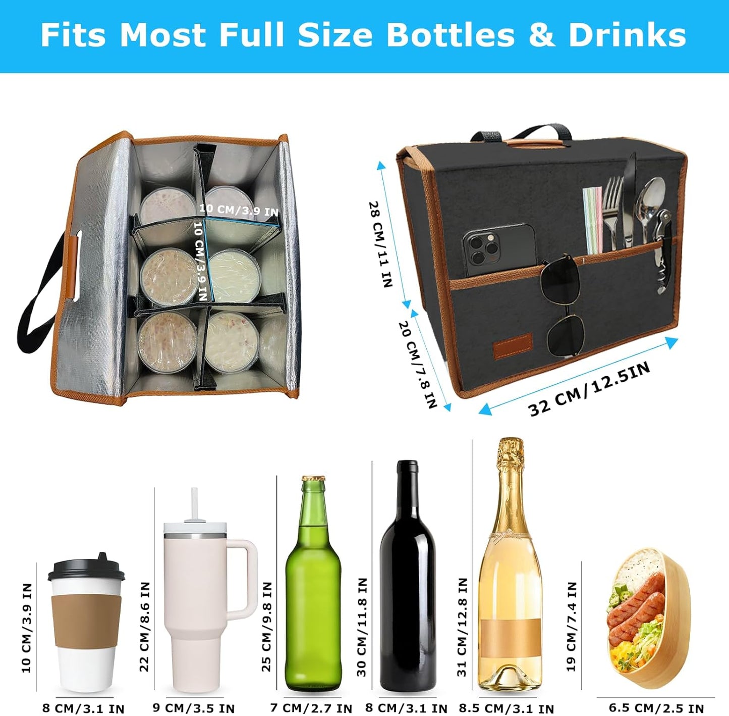 4 Cup Reusable Drink Carrier Portable Insulated Coffee Bags with Handle | Leak-Proof Drink Bags for Car Cup Holder with Fixed Dividers, Easy to Clean&Foldable for Food Delivery, Travel, Picnic Party