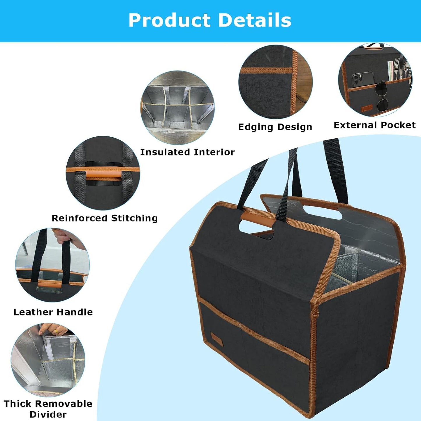 4 Cup Reusable Drink Carrier Portable Insulated Coffee Bags with Handle | Leak-Proof Drink Bags for Car Cup Holder with Fixed Dividers, Easy to Clean&Foldable for Food Delivery, Travel, Picnic Party