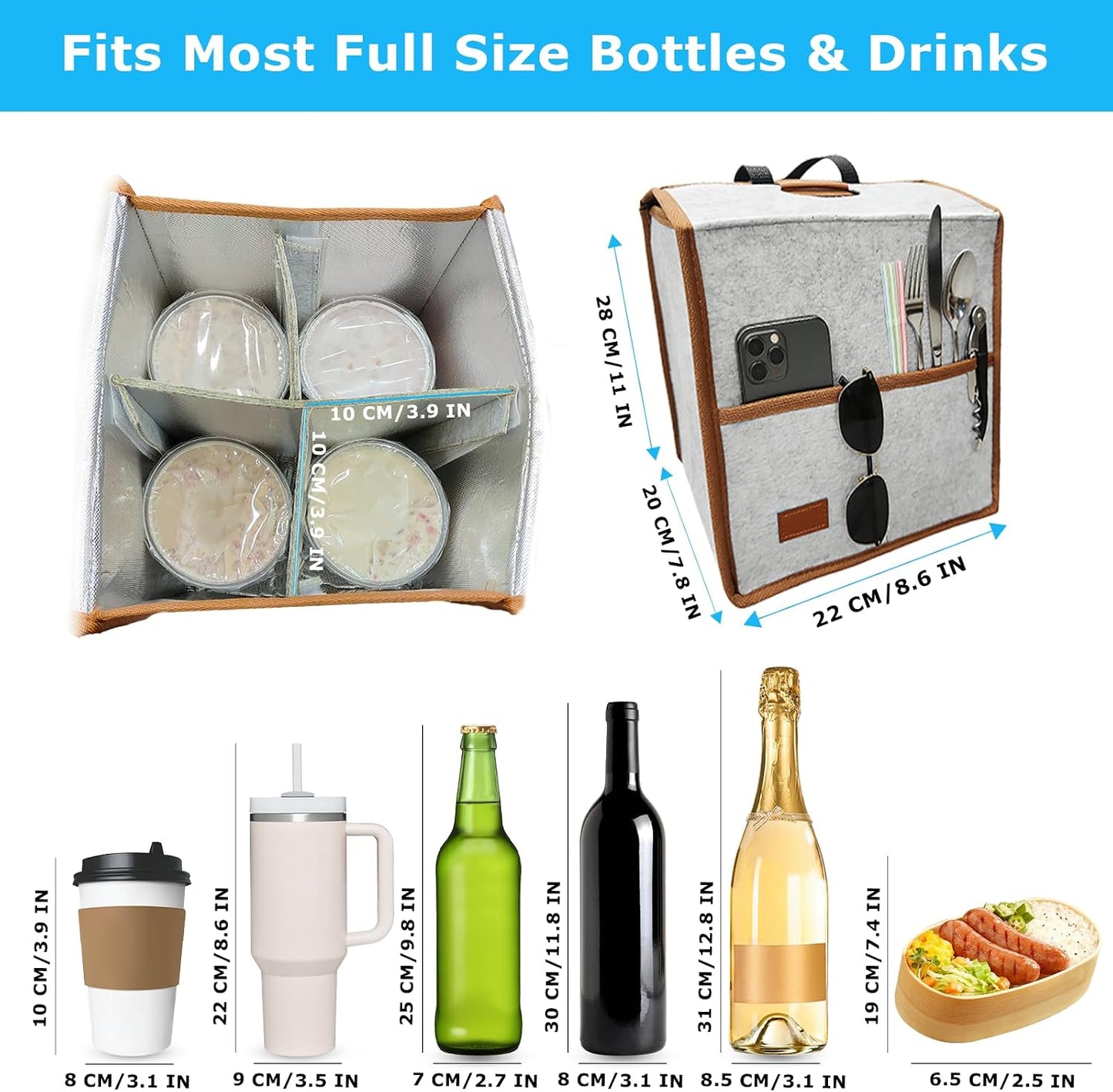 4 Cup Reusable Drink Carrier Portable Insulated Coffee Bags with Handle | Leak-Proof Drink Bags for Car Cup Holder with Fixed Dividers, Easy to Clean&Foldable for Food Delivery, Travel, Picnic Party