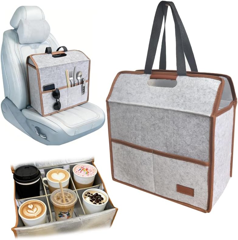 4 Cup Reusable Drink Carrier Portable Insulated Coffee Bags with Handle | Leak-Proof Drink Bags for Car Cup Holder with Fixed Dividers, Easy to Clean&Foldable for Food Delivery, Travel, Picnic Party