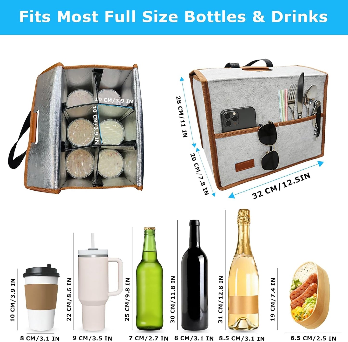 4 Cup Reusable Drink Carrier Portable Insulated Coffee Bags with Handle | Leak-Proof Drink Bags for Car Cup Holder with Fixed Dividers, Easy to Clean&Foldable for Food Delivery, Travel, Picnic Party