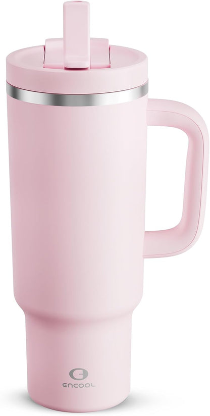 40 oz Tumbler with Handle and Straw: Stainless Steel Insulated Tumbler Keeps Cold for 24 Hours, Leakproof Travel Cup Fits in Cup Holder and BPA-Free, Cotton Candy