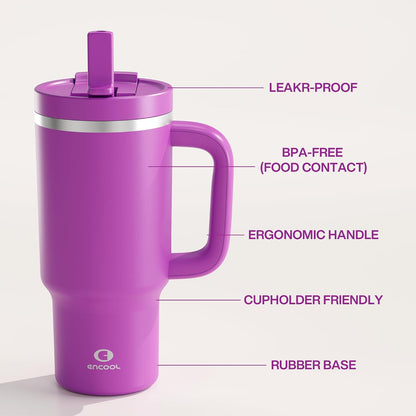 40 oz Tumbler with Handle and Straw: Stainless Steel Insulated Tumbler Keeps Cold for 24 Hours, Leakproof Travel Cup Fits in Cup Holder and BPA-Free, Cotton Candy