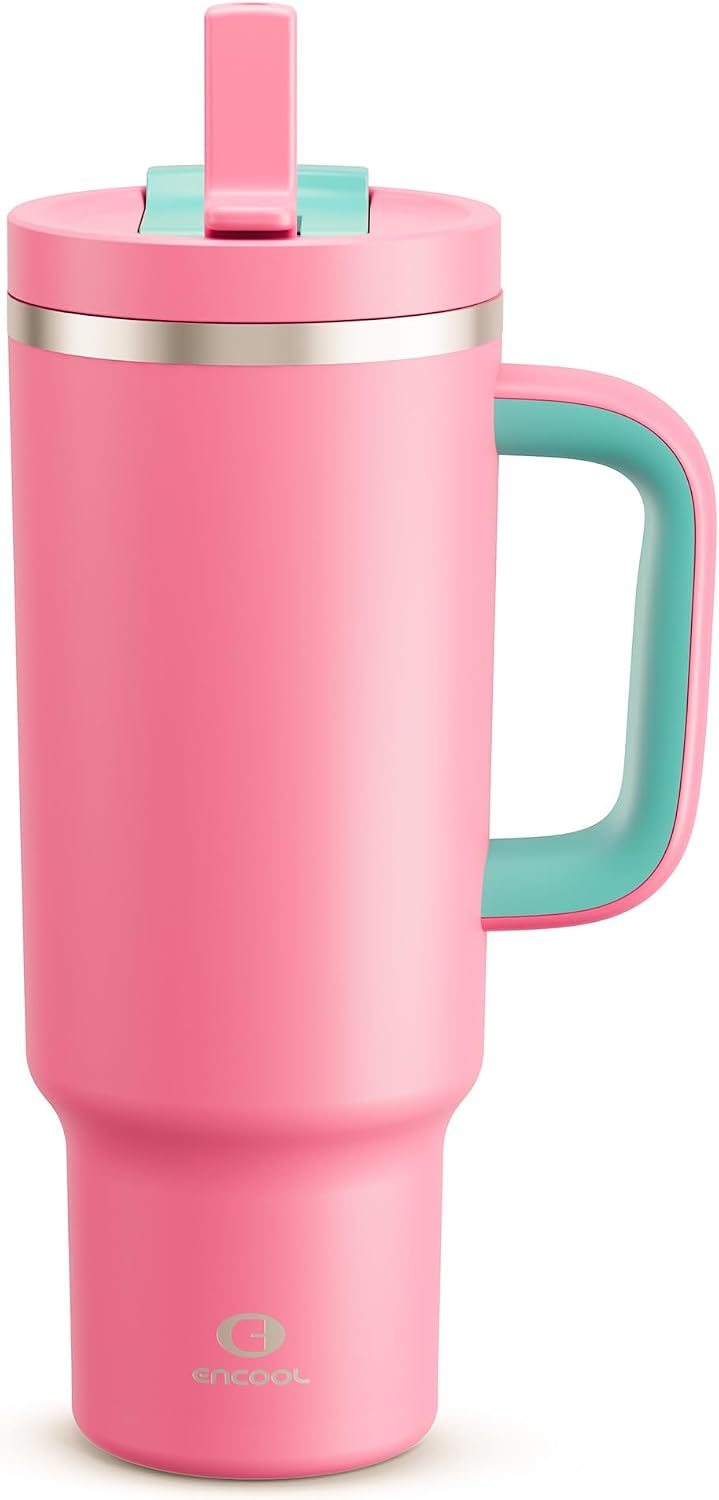 40 oz Tumbler with Handle and Straw: Stainless Steel Insulated Tumbler Keeps Cold for 24 Hours, Leakproof Travel Cup Fits in Cup Holder and BPA-Free, Cotton Candy