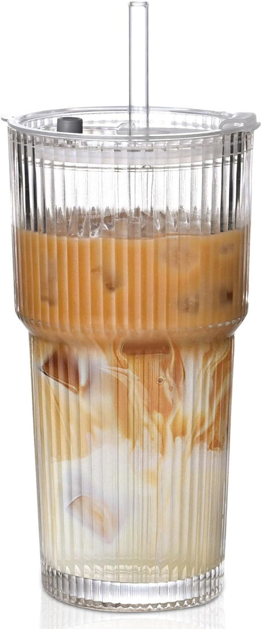 20oz Ribbed Glass Cups with Lids and Straws, Glass Tumbler with Straw and Lid,Iced Coffee Cups Drinking Glasses for Juice Whiskey Cocktail Beer
