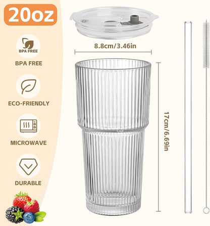 20oz Ribbed Glass Cups with Lids and Straws, Glass Tumbler with Straw and Lid,Iced Coffee Cups Drinking Glasses for Juice Whiskey Cocktail Beer