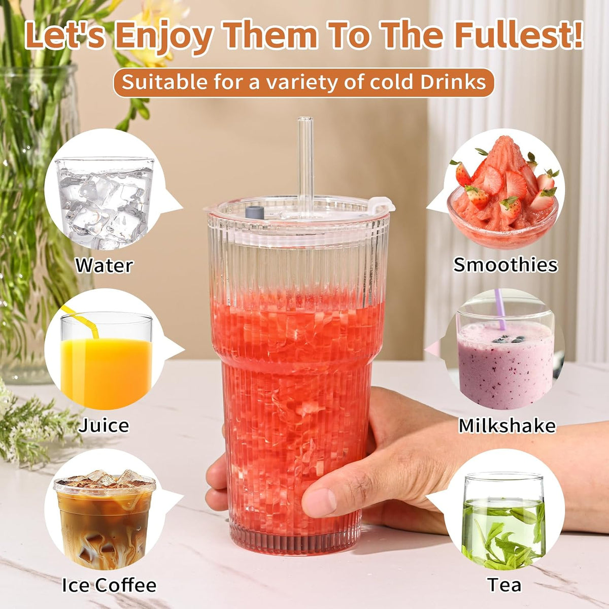 20oz Ribbed Glass Cups with Lids and Straws, Glass Tumbler with Straw and Lid,Iced Coffee Cups Drinking Glasses for Juice Whiskey Cocktail Beer