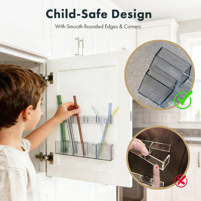 Acrylic Straw Holder for Cabinet Door - Child-Safe Organizer & Dispenser with Smooth Rounded Edges for Kitchen Accessories Storage, Adhesive Circles Included (Clear Transparent)