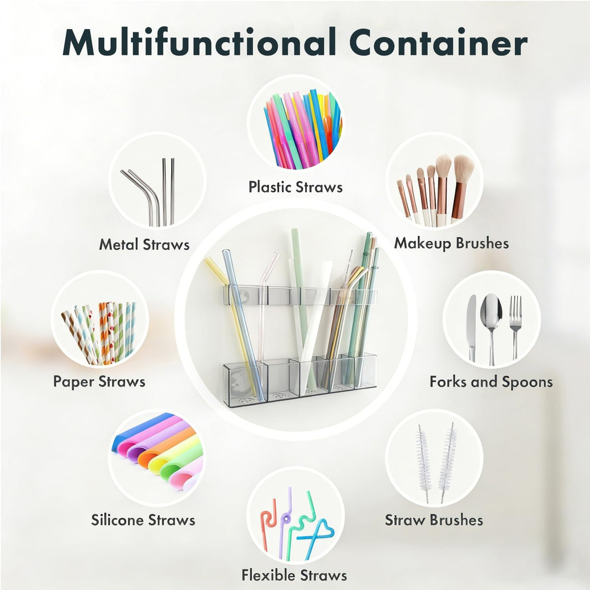 Acrylic Straw Holder for Cabinet Door - Child-Safe Organizer & Dispenser with Smooth Rounded Edges for Kitchen Accessories Storage, Adhesive Circles Included (Clear Transparent)