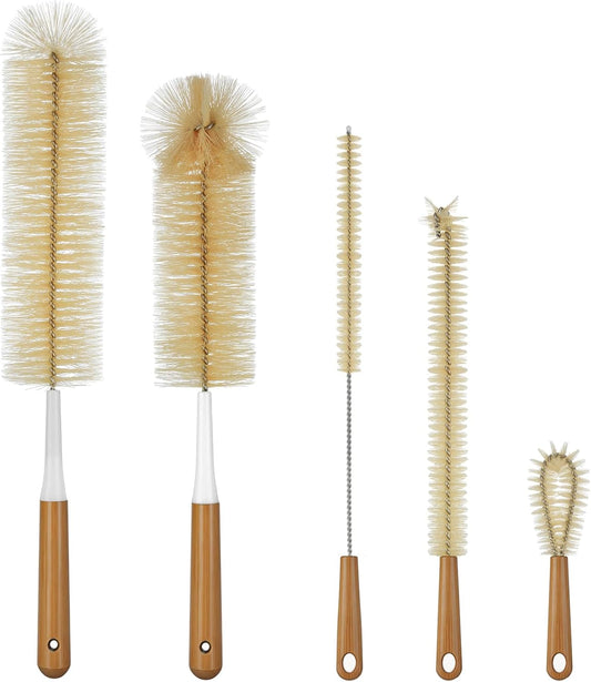 Extra Large Long Bottle Brush Set - 16" / 15" Long Bamboo Handle Bottle Cleaner for Narrow Neck Beer Wine Bottles, Decanter, Tumblers, Thermos, Jugs with Straw Brush, Kettle Spout/Lid Brush