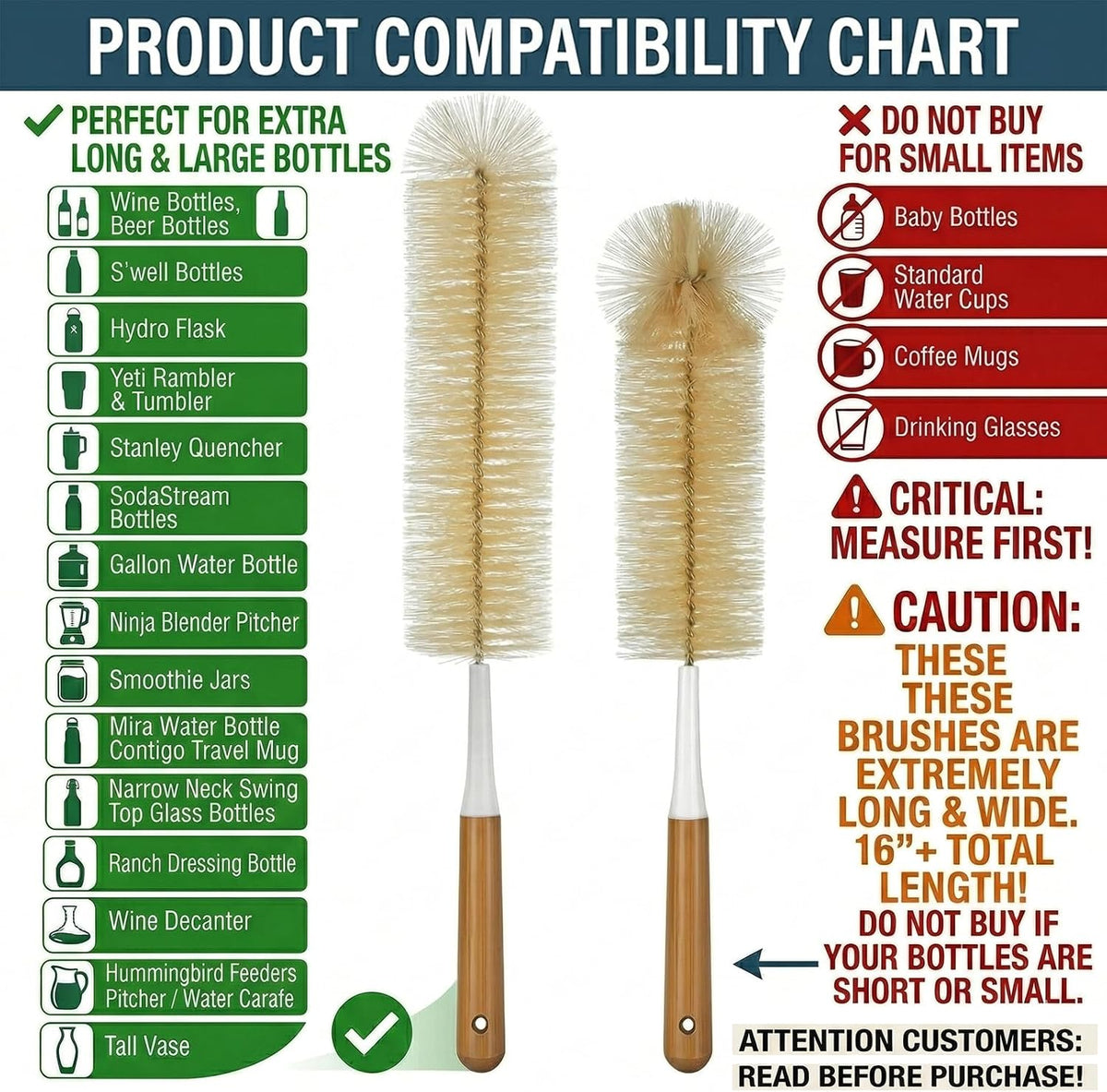 Extra Large Long Bottle Brush Set - 16" / 15" Long Bamboo Handle Bottle Cleaner for Narrow Neck Beer Wine Bottles, Decanter, Tumblers, Thermos, Jugs with Straw Brush, Kettle Spout/Lid Brush
