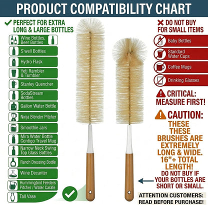 Extra Large Long Bottle Brush Set - 16" / 15" Long Bamboo Handle Bottle Cleaner for Narrow Neck Beer Wine Bottles, Decanter, Tumblers, Thermos, Jugs with Straw Brush, Kettle Spout/Lid Brush