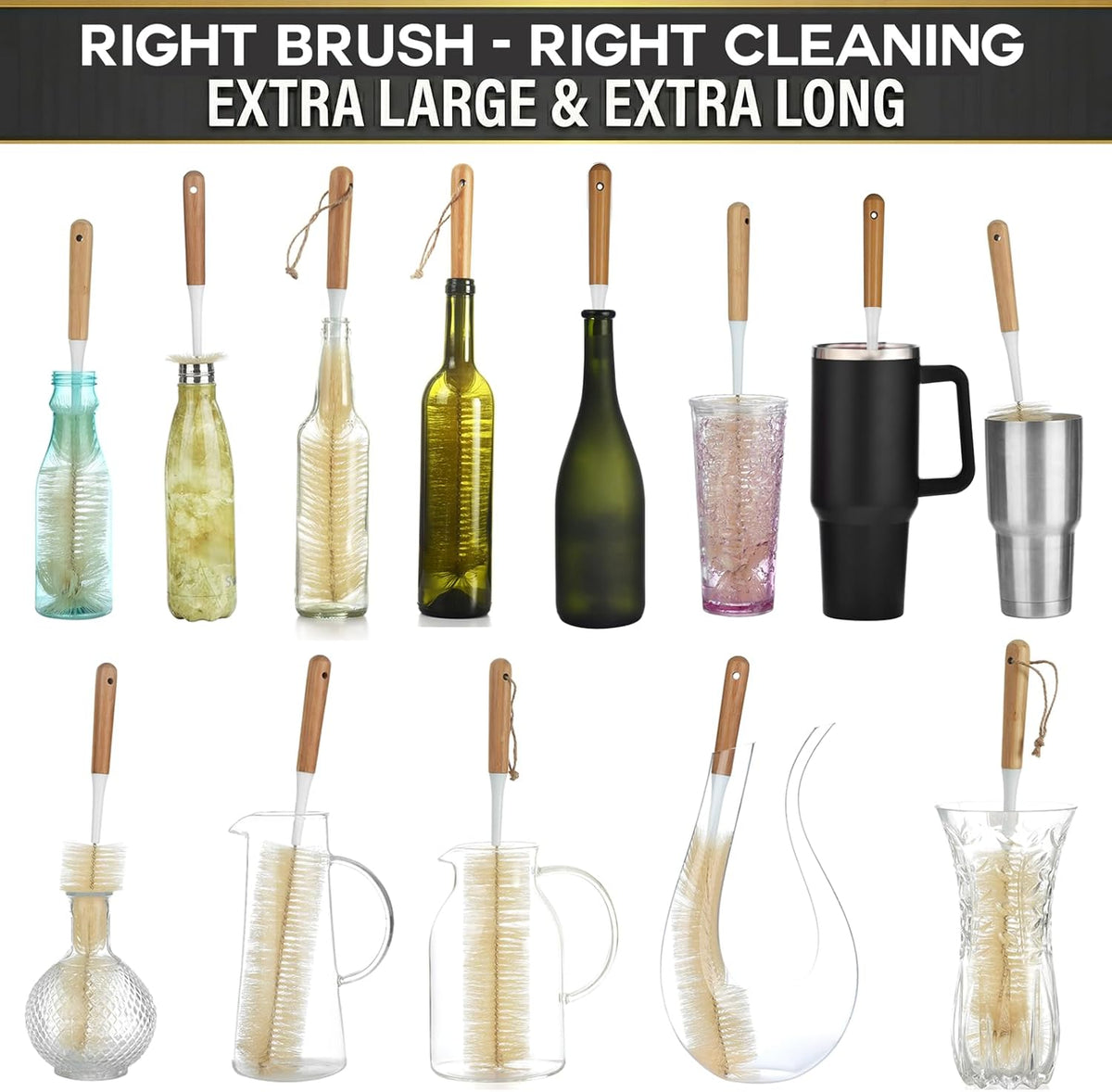 Extra Large Long Bottle Brush Set - 16" / 15" Long Bamboo Handle Bottle Cleaner for Narrow Neck Beer Wine Bottles, Decanter, Tumblers, Thermos, Jugs with Straw Brush, Kettle Spout/Lid Brush