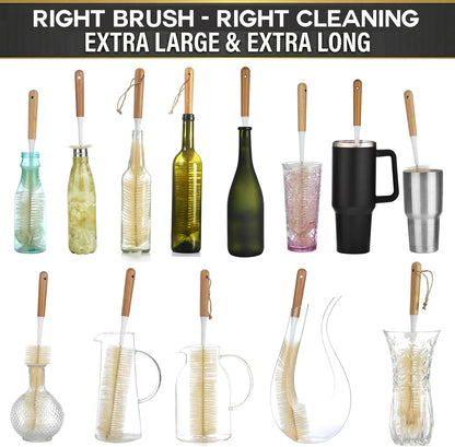Extra Large Long Bottle Brush Set - 16" / 15" Long Bamboo Handle Bottle Cleaner for Narrow Neck Beer Wine Bottles, Decanter, Tumblers, Thermos, Jugs with Straw Brush, Kettle Spout/Lid Brush