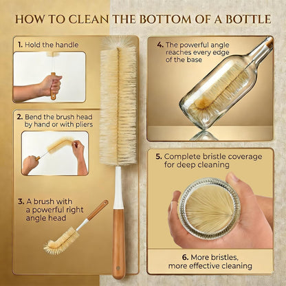 Extra Large Long Bottle Brush Set - 16" / 15" Long Bamboo Handle Bottle Cleaner for Narrow Neck Beer Wine Bottles, Decanter, Tumblers, Thermos, Jugs with Straw Brush, Kettle Spout/Lid Brush