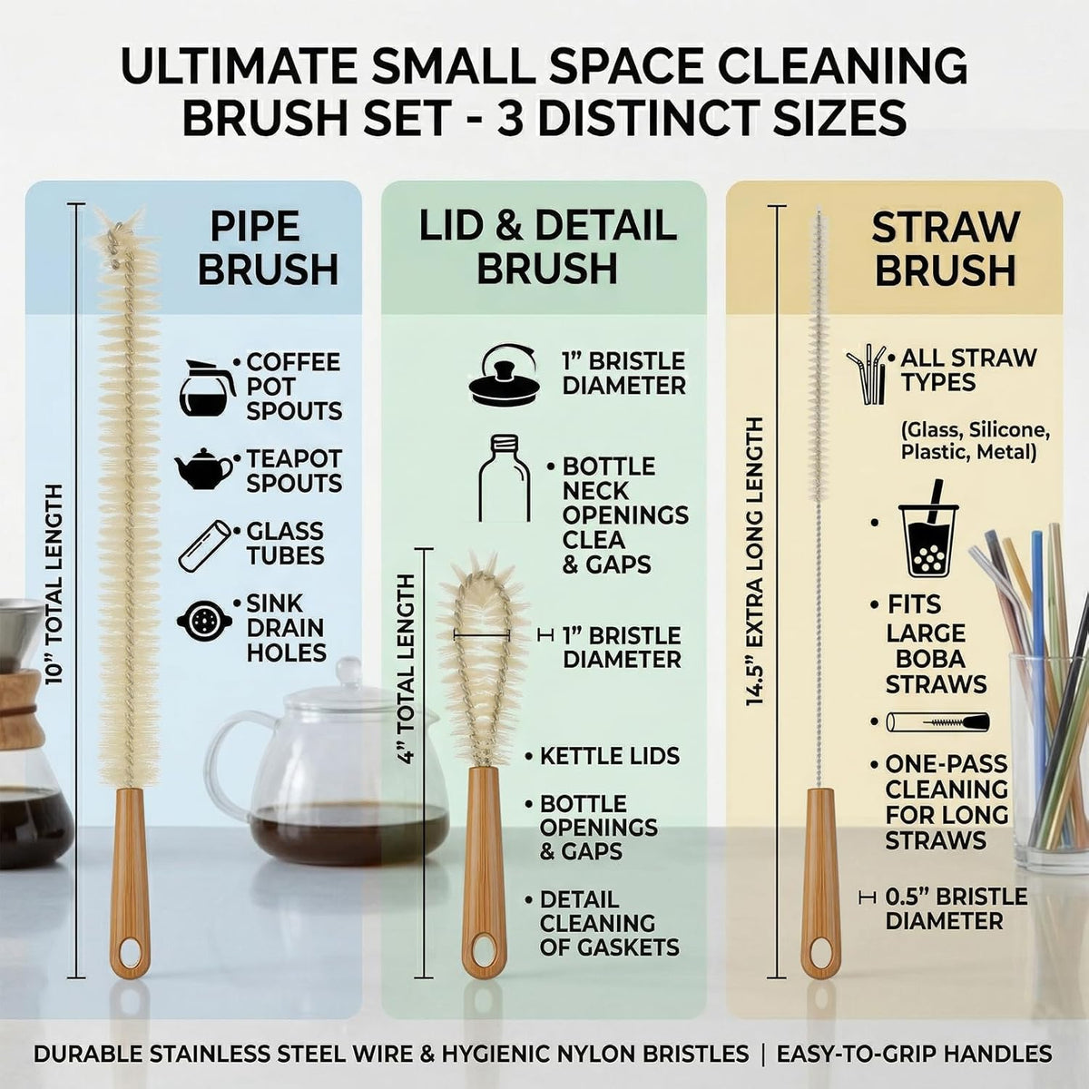 Extra Large Long Bottle Brush Set - 16" / 15" Long Bamboo Handle Bottle Cleaner for Narrow Neck Beer Wine Bottles, Decanter, Tumblers, Thermos, Jugs with Straw Brush, Kettle Spout/Lid Brush