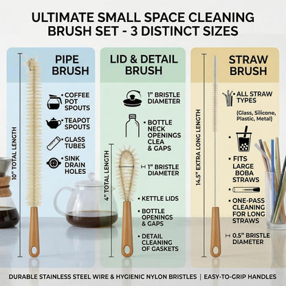 Extra Large Long Bottle Brush Set - 16" / 15" Long Bamboo Handle Bottle Cleaner for Narrow Neck Beer Wine Bottles, Decanter, Tumblers, Thermos, Jugs with Straw Brush, Kettle Spout/Lid Brush