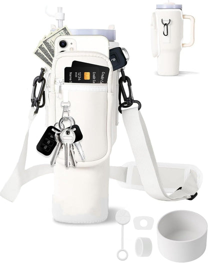 Water Bottle Carrier Bag with Phone Pocket for Stanley, Neoprene Water Bottle Holder Pouch with Adjustable Strap Bollus with Straw Cover & Carabiner for Stanley Cup Accessories