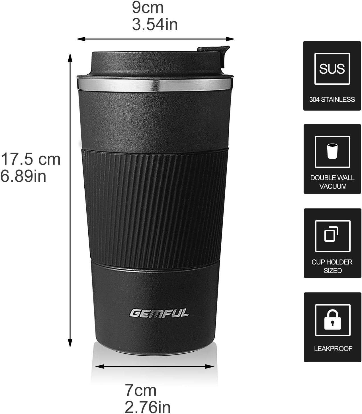 GEMFUL 17oz Coffee Travel Mug Insulated Stainless Steel Tumbler (Black) | Double-wall Vacuum, Leak-proof Lid, for Women/Men/Coffee Lover, Bpa-free,Easy Clean, Hot/cold for Commute/Office/Outdoor/Home