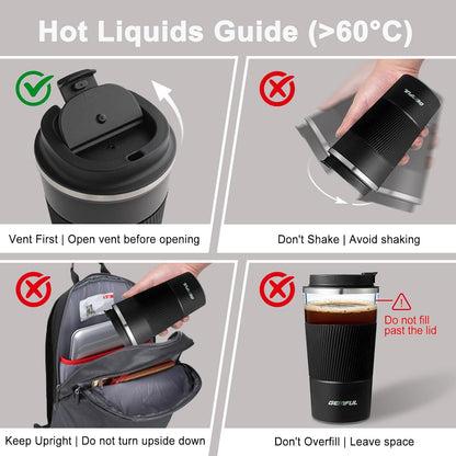 GEMFUL 17oz Coffee Travel Mug Insulated Stainless Steel Tumbler (Black) | Double-wall Vacuum, Leak-proof Lid, for Women/Men/Coffee Lover, Bpa-free,Easy Clean, Hot/cold for Commute/Office/Outdoor/Home