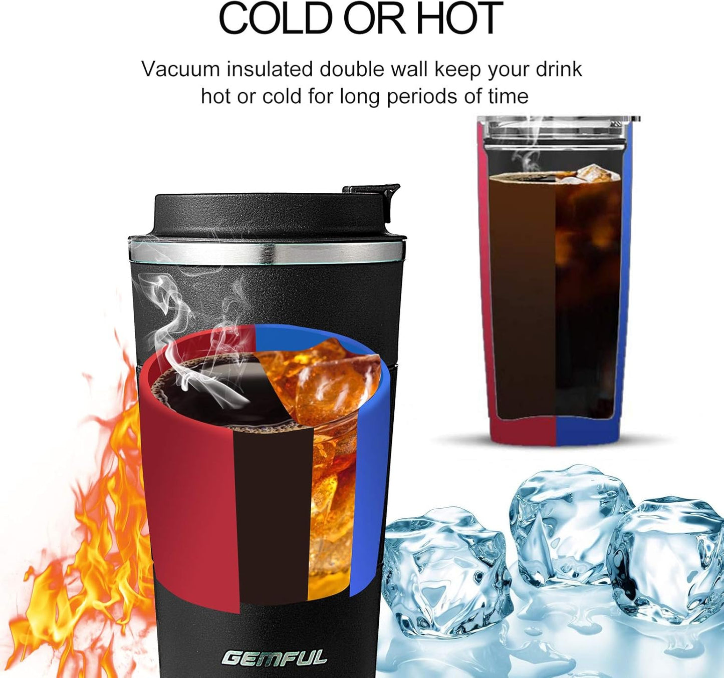 GEMFUL 17oz Coffee Travel Mug Insulated Stainless Steel Tumbler (Black) | Double-wall Vacuum, Leak-proof Lid, for Women/Men/Coffee Lover, Bpa-free,Easy Clean, Hot/cold for Commute/Office/Outdoor/Home