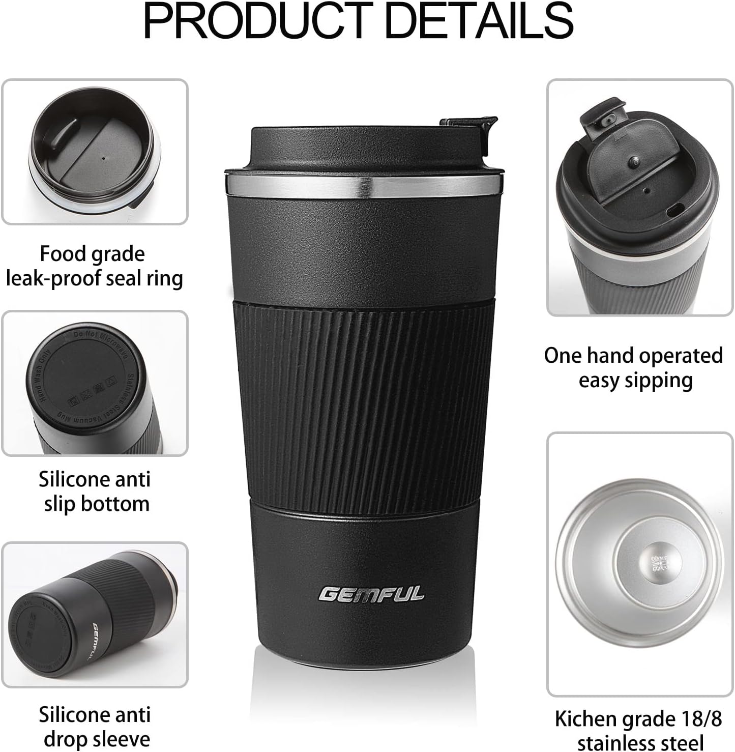 GEMFUL 17oz Coffee Travel Mug Insulated Stainless Steel Tumbler (Black) | Double-wall Vacuum, Leak-proof Lid, for Women/Men/Coffee Lover, Bpa-free,Easy Clean, Hot/cold for Commute/Office/Outdoor/Home