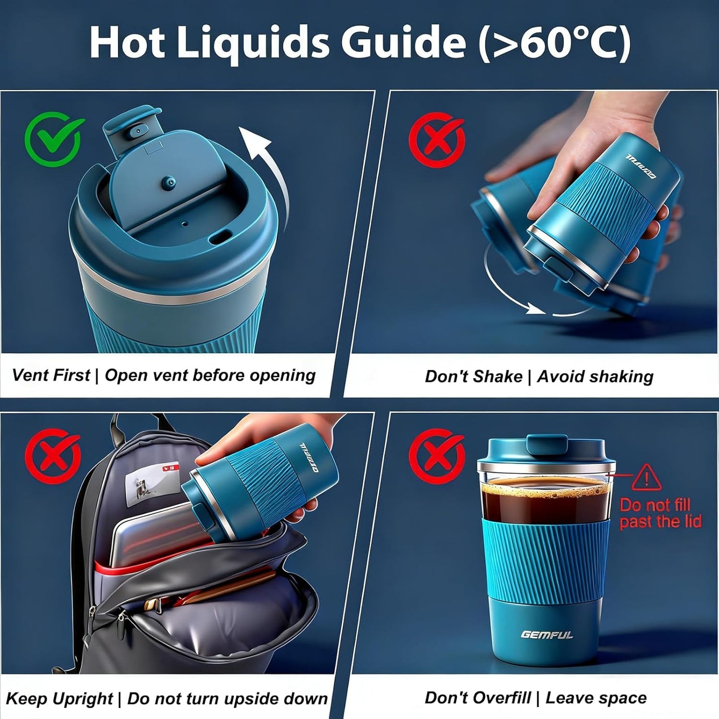 GEMFUL 17oz Coffee Travel Mug Insulated Stainless Steel Tumbler (Black) | Double-wall Vacuum, Leak-proof Lid, for Women/Men/Coffee Lover, Bpa-free,Easy Clean, Hot/cold for Commute/Office/Outdoor/Home
