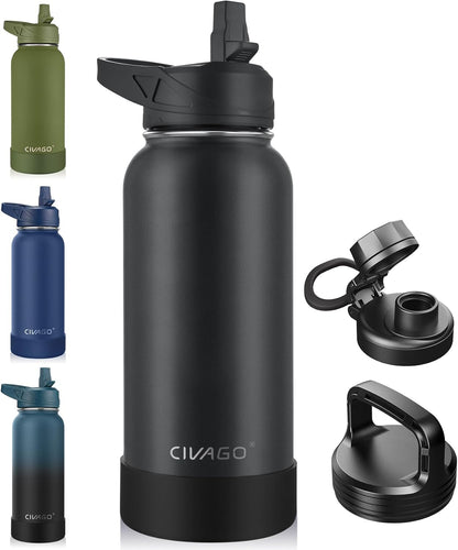 32 oz Insulated Stainless Steel Water Bottle With Straw and 3 Lids